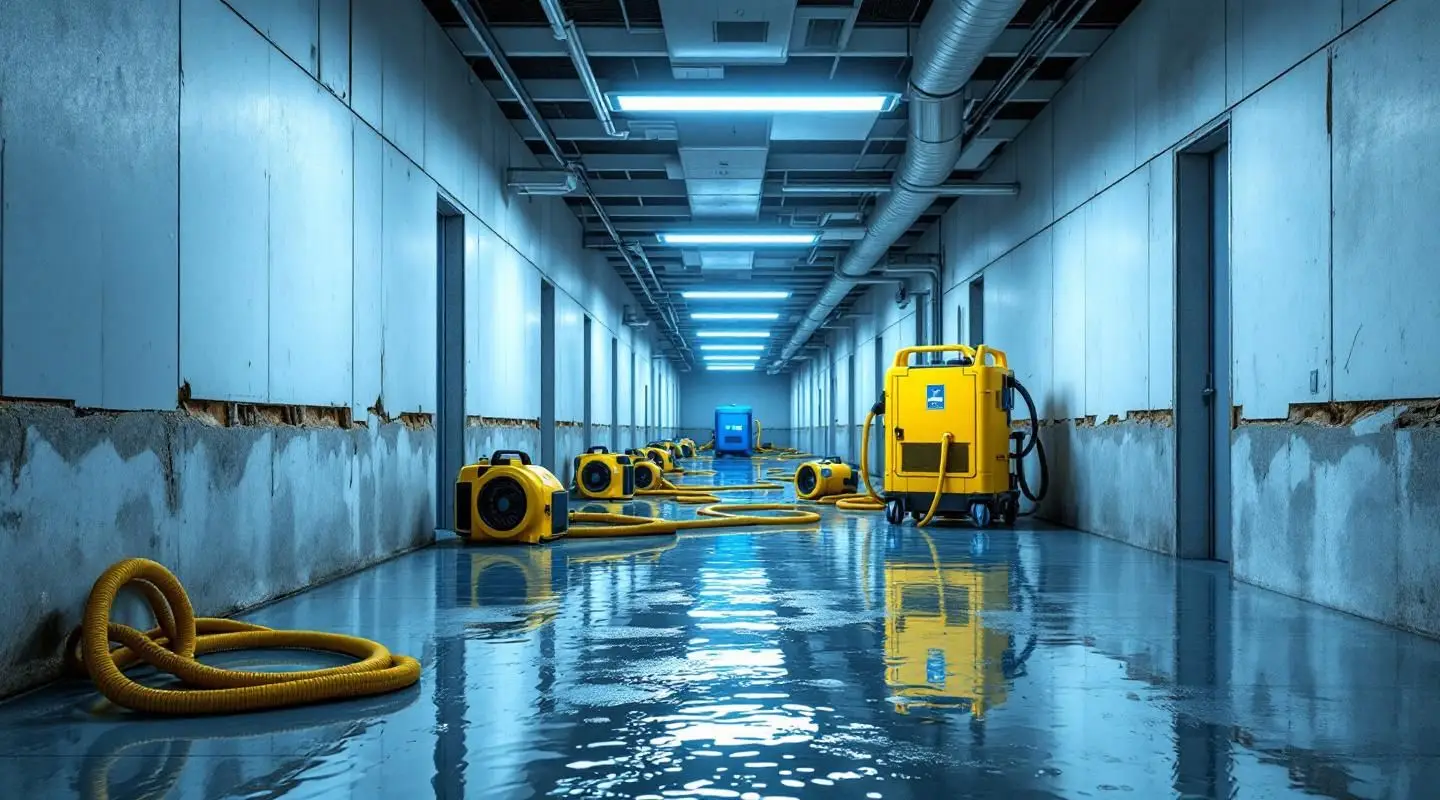Commercial water extraction technicians placing industrial dehumidifiers in a flooded Peoria facility to prevent mold growth.