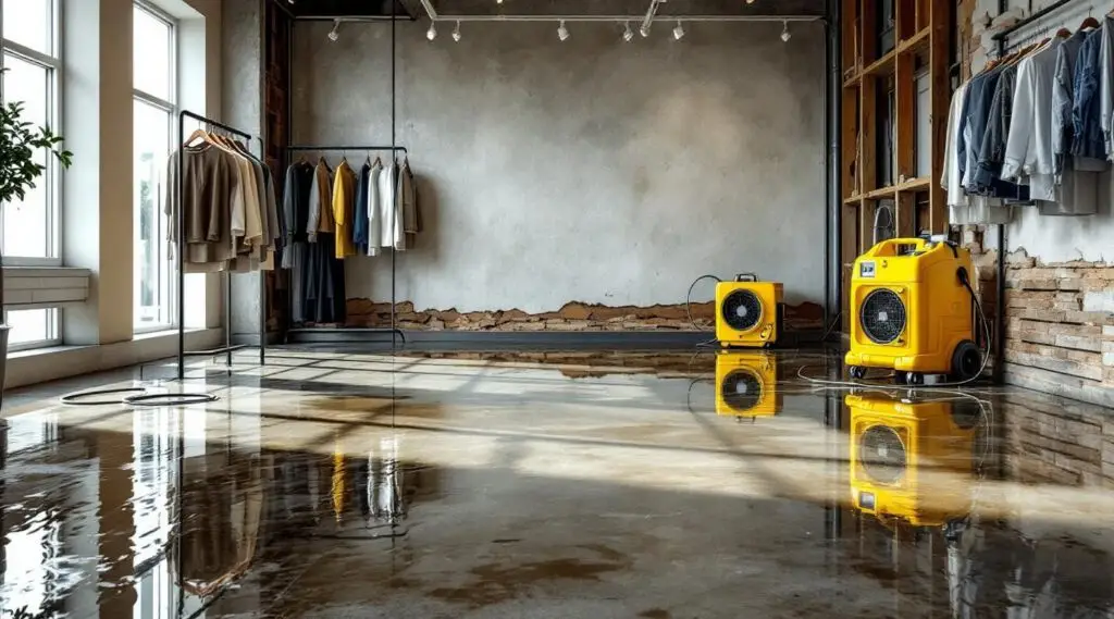 Commercial water extraction crew drying flooded retail showroom floors in Wittmann with industrial air movers.