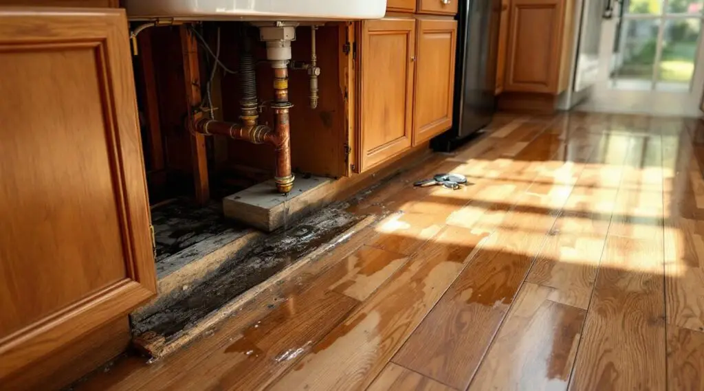 A restoration technician using a moisture meter to inspect water damage under a kitchen cabinet in a Wittmann home.