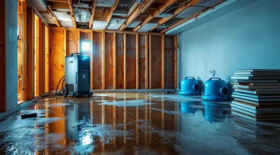 A restoration technician carefully extracting water from a hardwood floor in a water-damaged Peoria home, cinematic lighting.