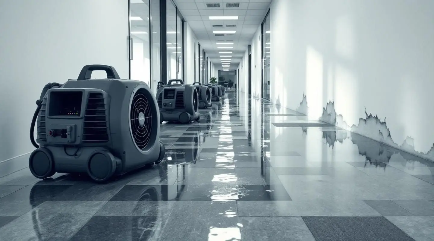 Restoration technicians setting up commercial dehumidifiers in a flooded Peoria office building lobby.