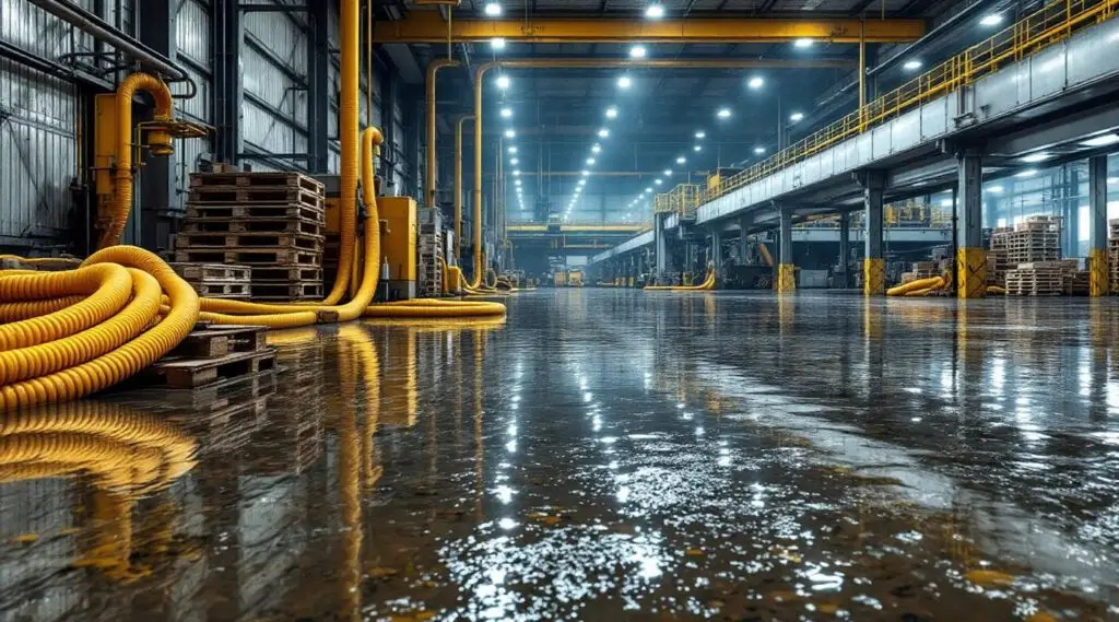Backster Restoration crew operating heavy-duty water extraction pumps and industrial air movers inside a flooded Wittmann warehouse.