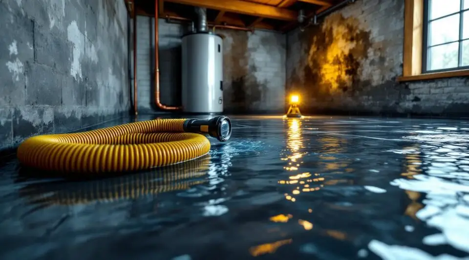 A professional technician using a commercial water extraction vacuum on a wet tile floor in a Peoria home.
