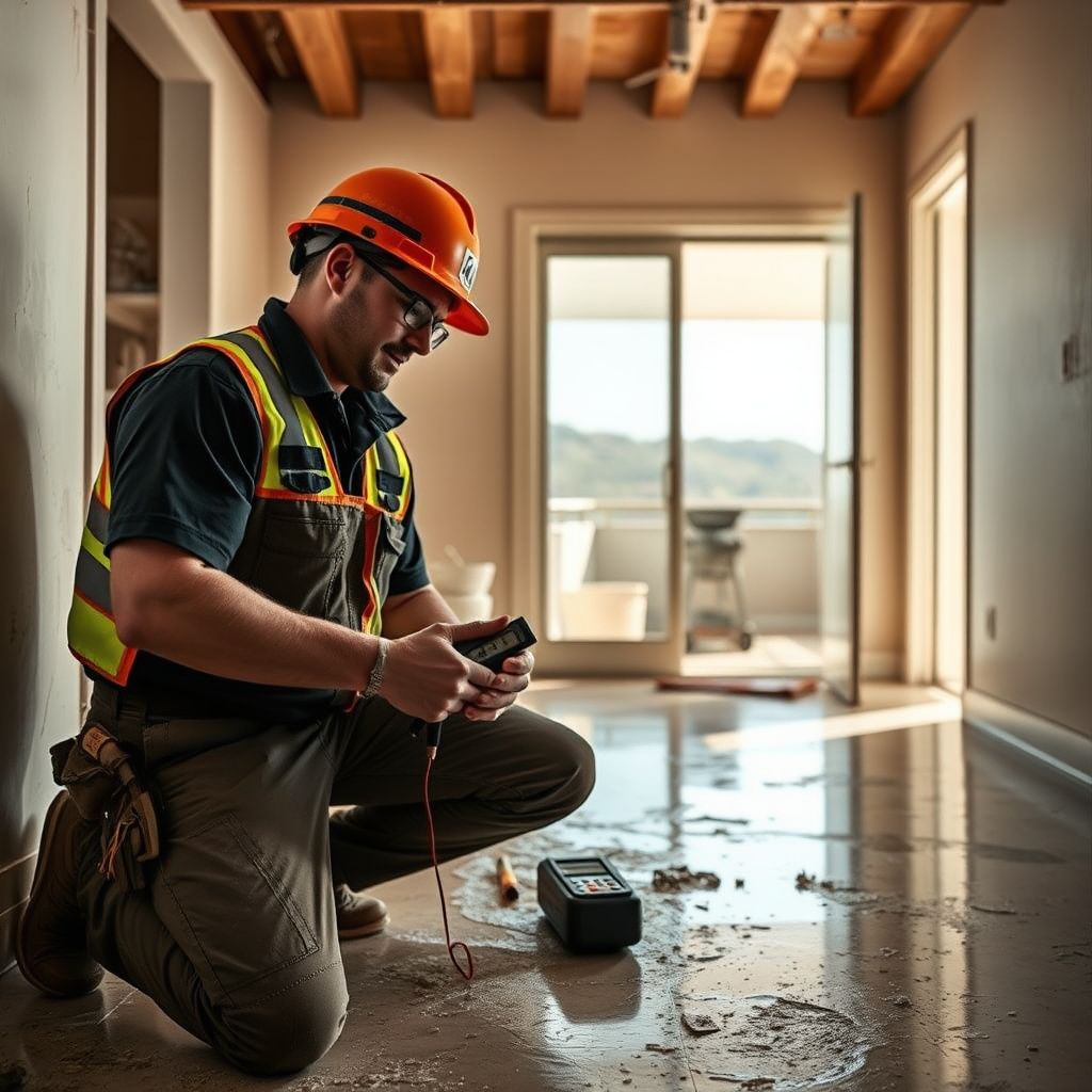 An IICRC certified technician using a moisture meter to check for hidden water damage behind a stucco wall in a Wittmann home.