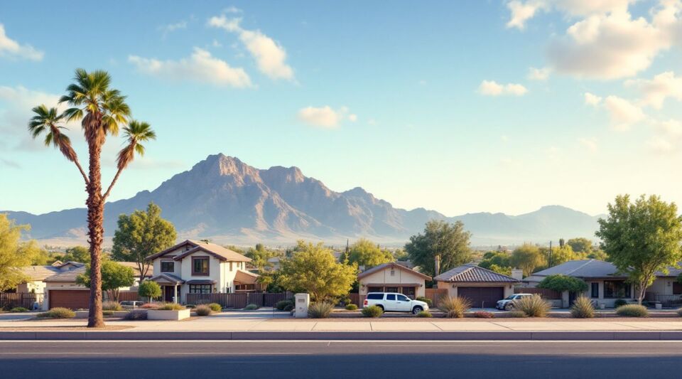 A service vehicle parked on a residential street in Glendale, Arizona, with Spanish revival homes and desert landscaping.