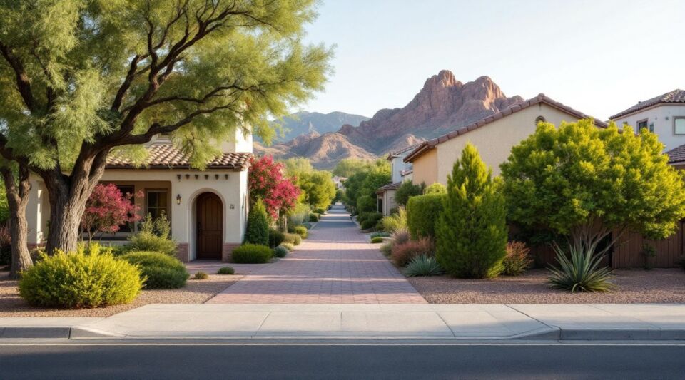 A service vehicle parked on a palm-lined street in Litchfield Park, Arizona, with Spanish Colonial style homes in the background.