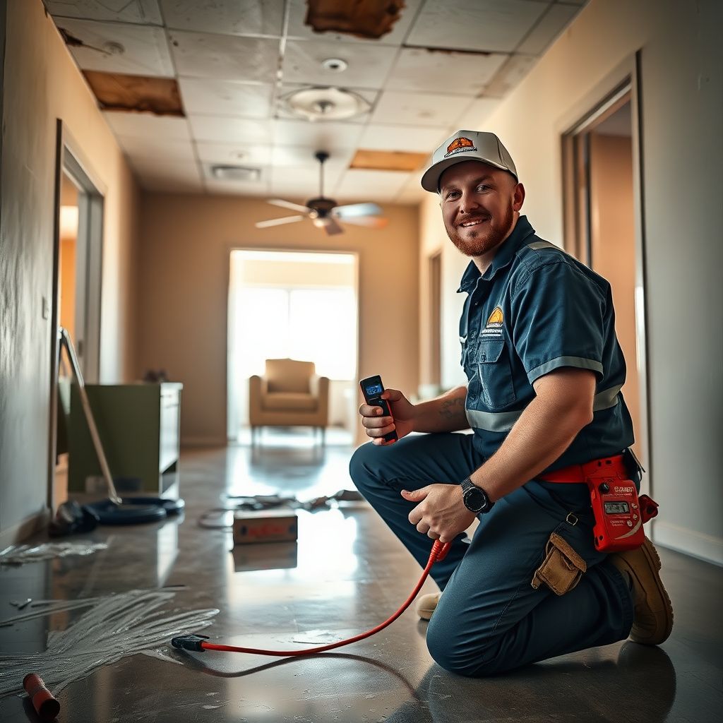 A technician setting up a commercial desiccant dehumidifier to dry out a water-damaged residential property.