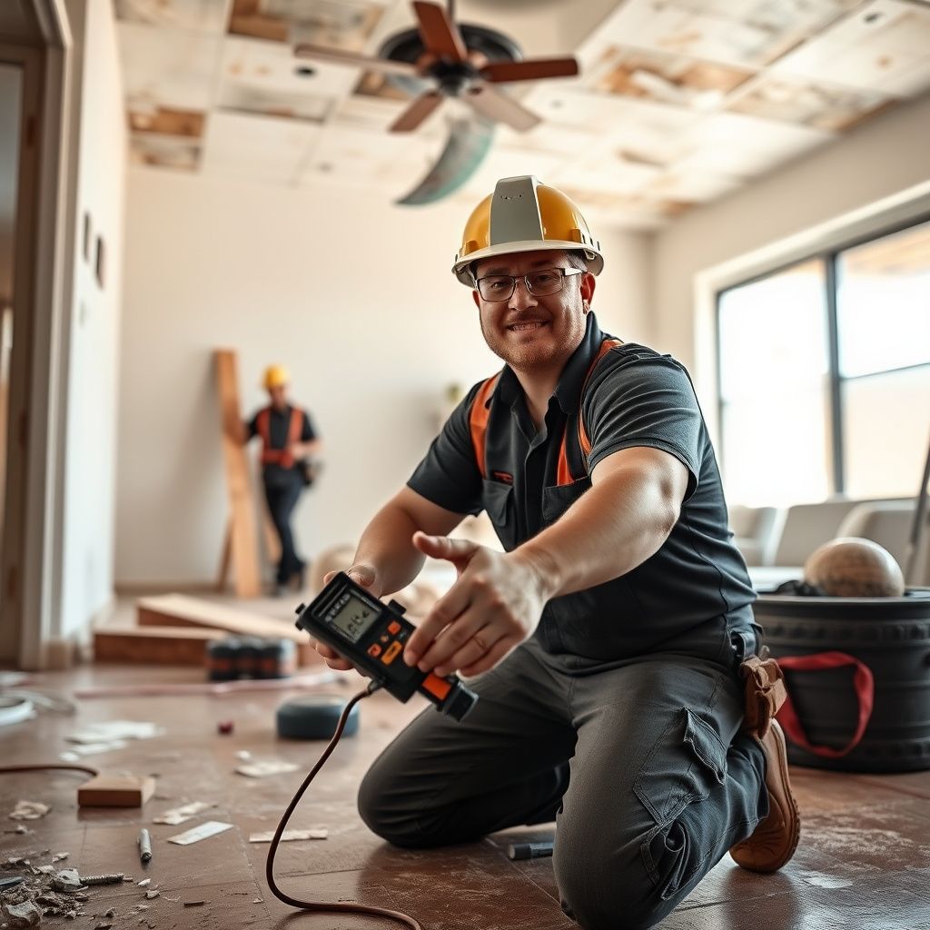 A certified technician using a thermal imaging camera to detect hidden moisture behind a stucco wall in Litchfield Park.
