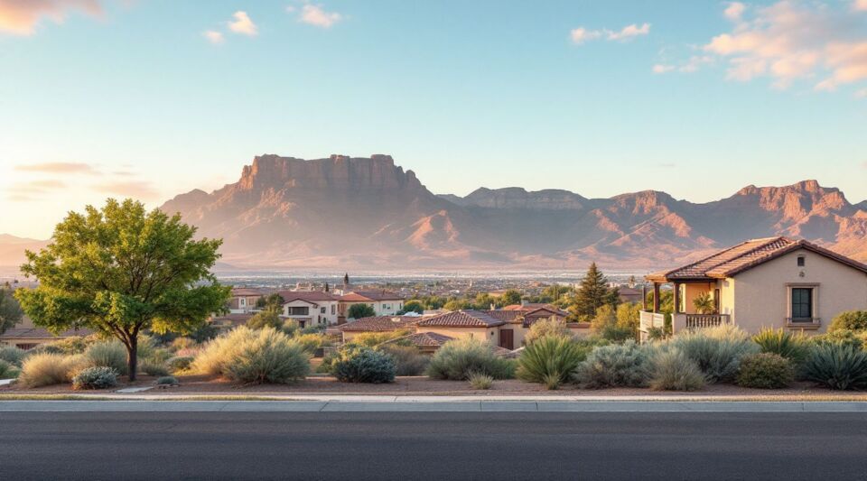 A service vehicle parked along a residential street in Peoria, Arizona, near Sunrise Mountain during a clear desert sunset.