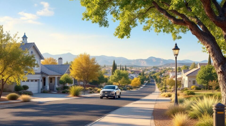 A white restoration response truck parked along a palm-lined street in Sun City West, Arizona during a bright desert afternoon