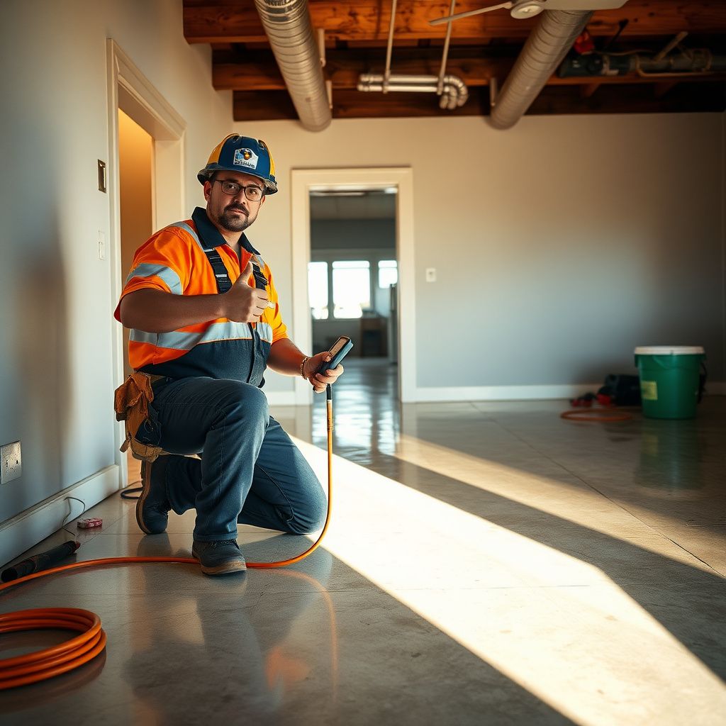 A professional water extraction setup with air movers and a dehumidifier drying a hardwood floor inside an Anthem home.