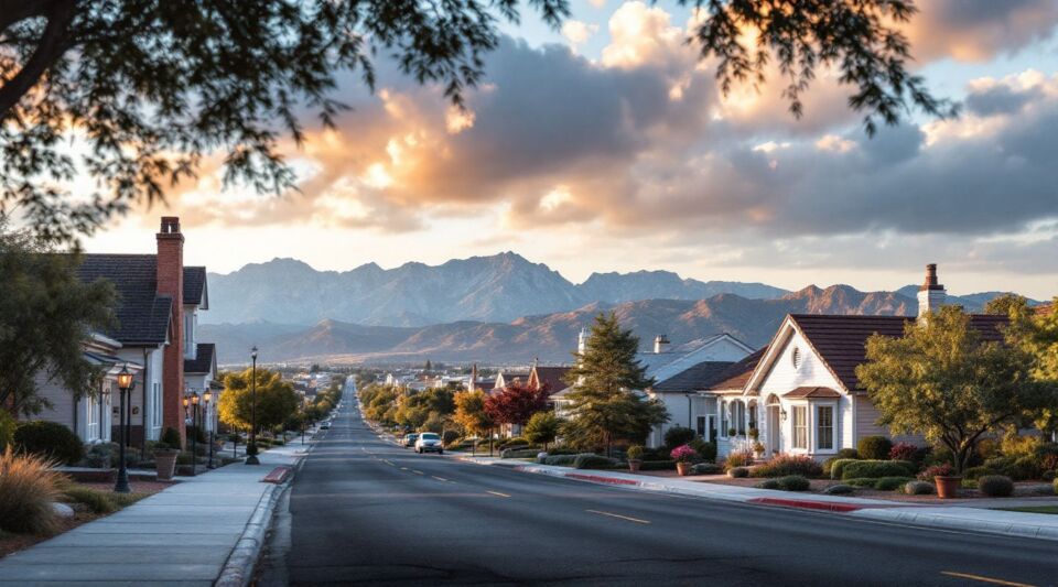 A service vehicle parked on a residential street in Anthem, Arizona, with desert landscaping and stucco homes under a stormy sky.