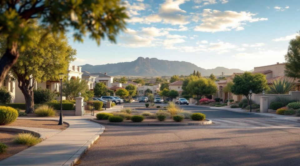 A service vehicle parked along a palm-lined street in Sun City, Arizona, with mid-century ranch homes on concrete slab foundations.