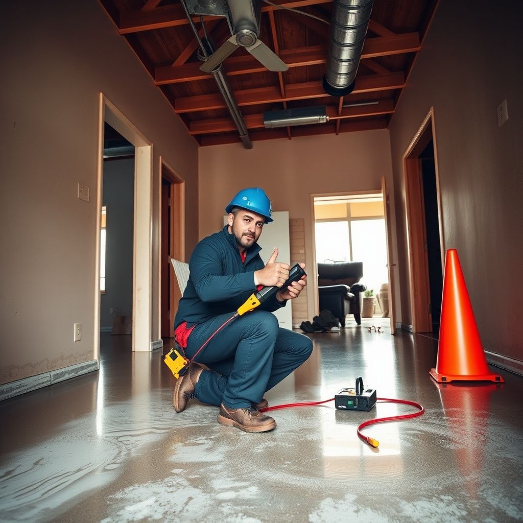 A professional technician setting up a low-profile dehumidifier on a tile floor in a Sun City home.